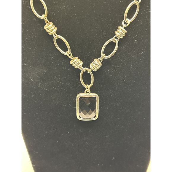 Silver Tone Chain And Square Faux Onyx Pendant 18” - Picture 2 of 5